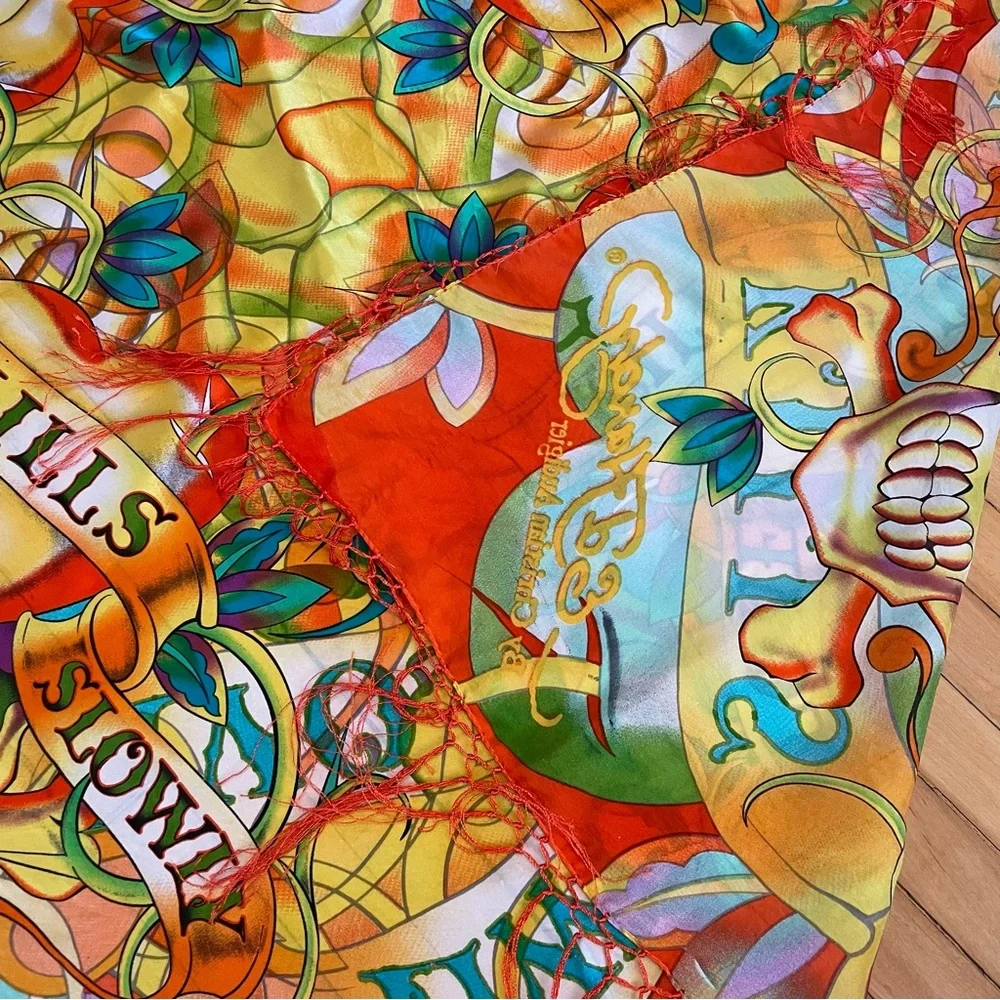 ED HARDY Vintage Y2K Graffiti Silk Scarf Large Square Fringe Love Kills Slowly